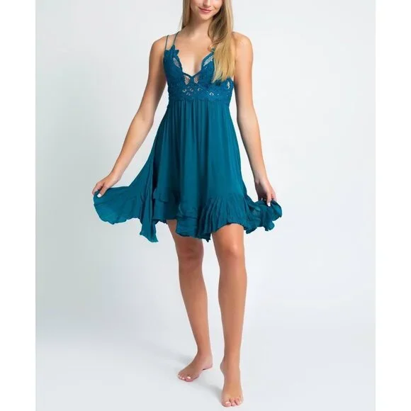 Free People Teal Lace Crochet Trim Ruffled Hem Flowy Casual Boho Slip Dress - Picture 8 of 16